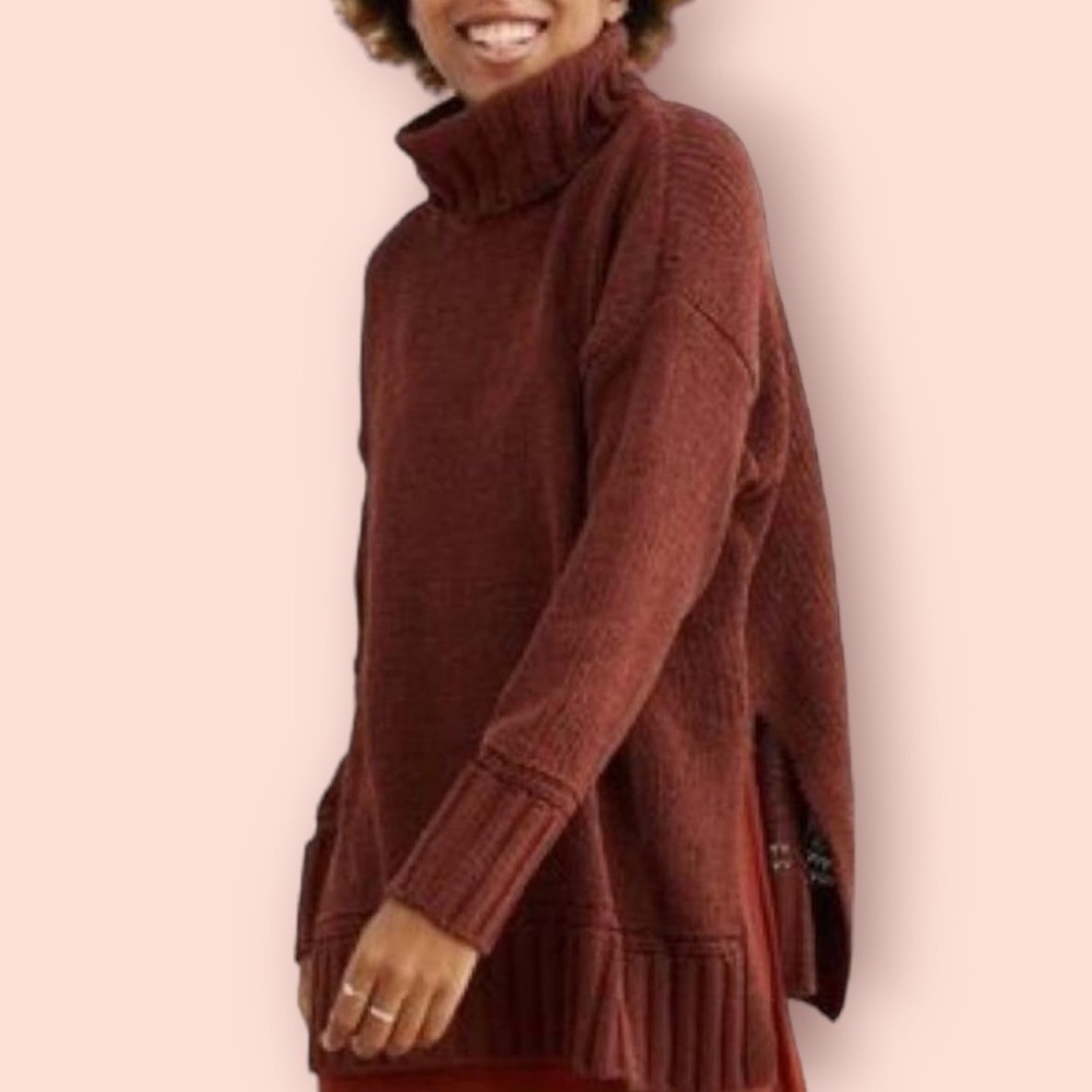Aerie Cozy Brown Turtleneck Split Hem Tunic Sweater, Size M